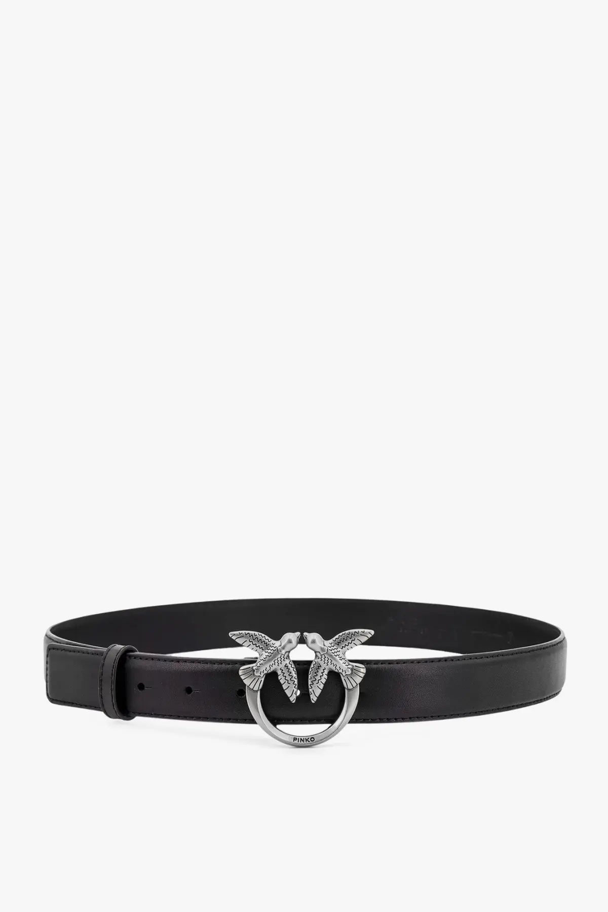 Pinko women’s berry leather belt black with silver-toned buckle featuring two interlocking bird designs