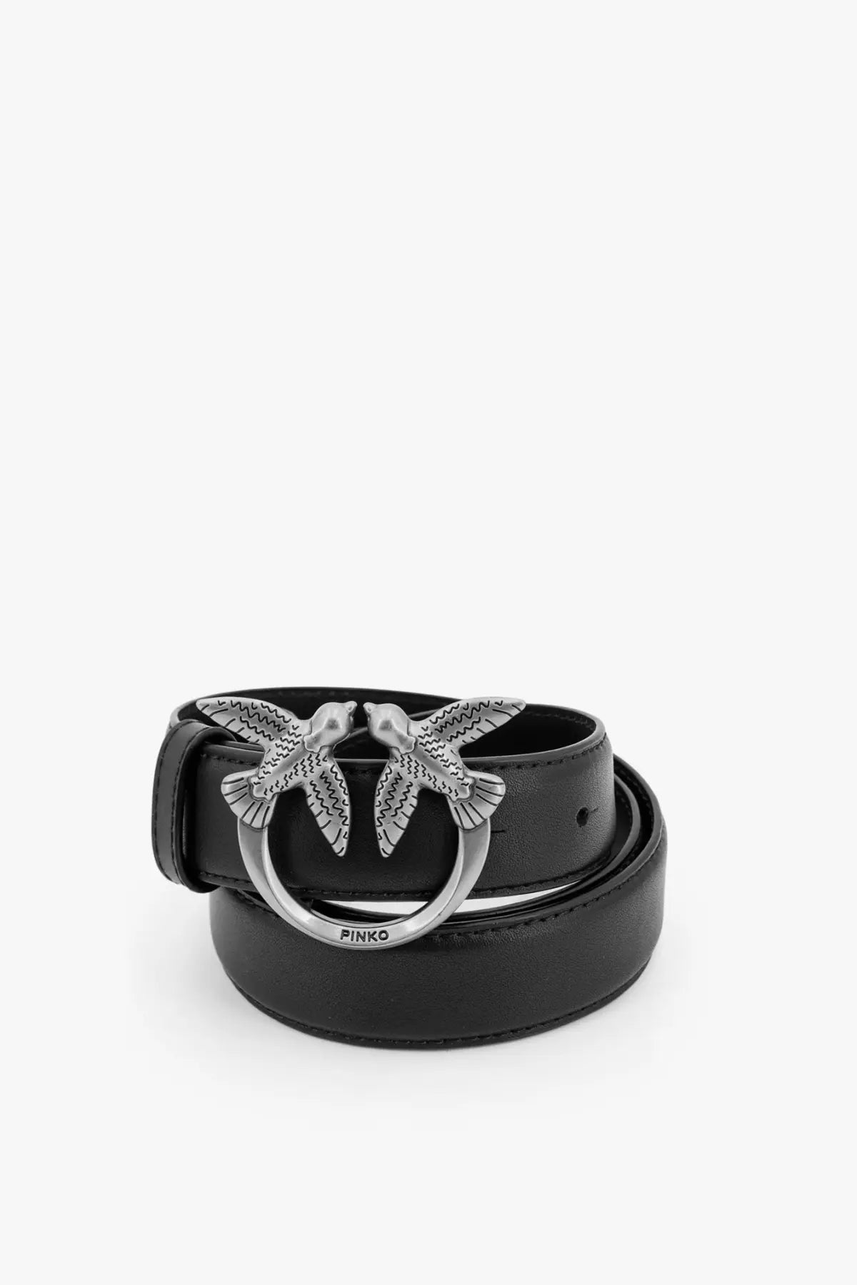 Pinko women’s berry leather belt black with silver buckle featuring two intricately detailed birds in flight