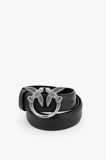 Pinko women’s berry leather belt black with silver buckle featuring two intricately detailed birds in flight