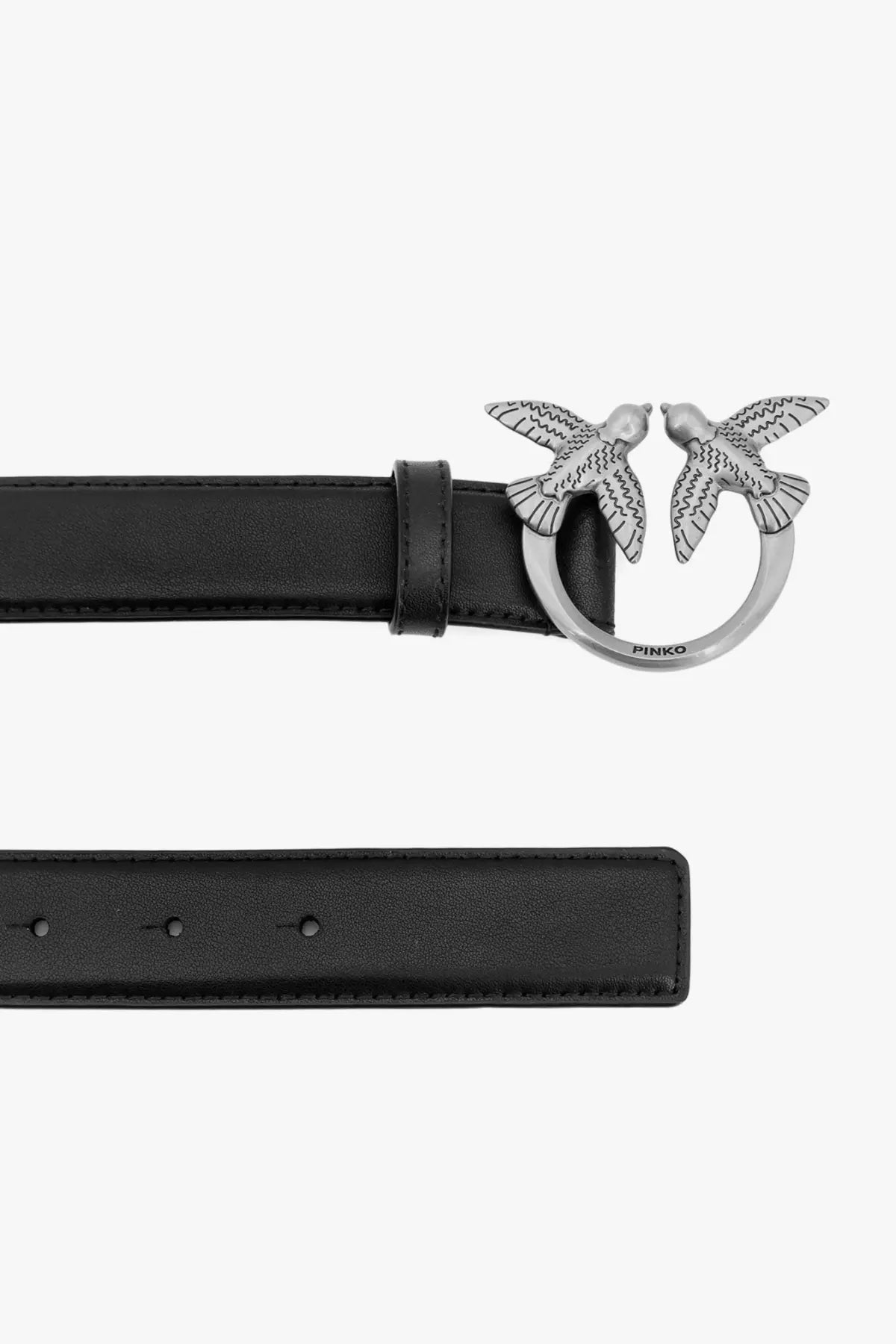 Pinko women’s berry black leather belt with silver-toned buckle featuring two detailed birds in flight