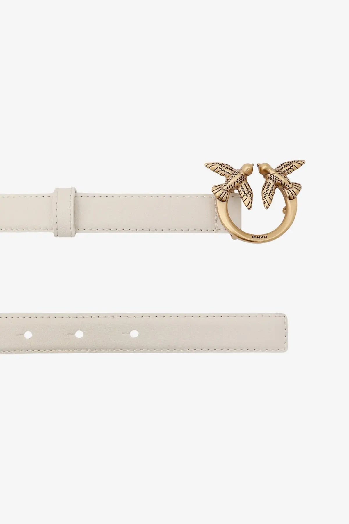 Pinko women’s berry cream-colored leather belt with gold-tone buckle featuring detailed bird figures