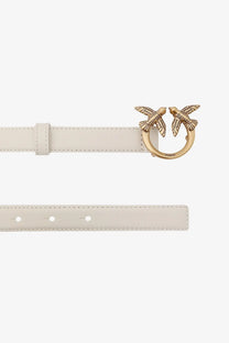 Pinko women’s berry cream-colored leather belt with gold-tone buckle featuring detailed bird figures