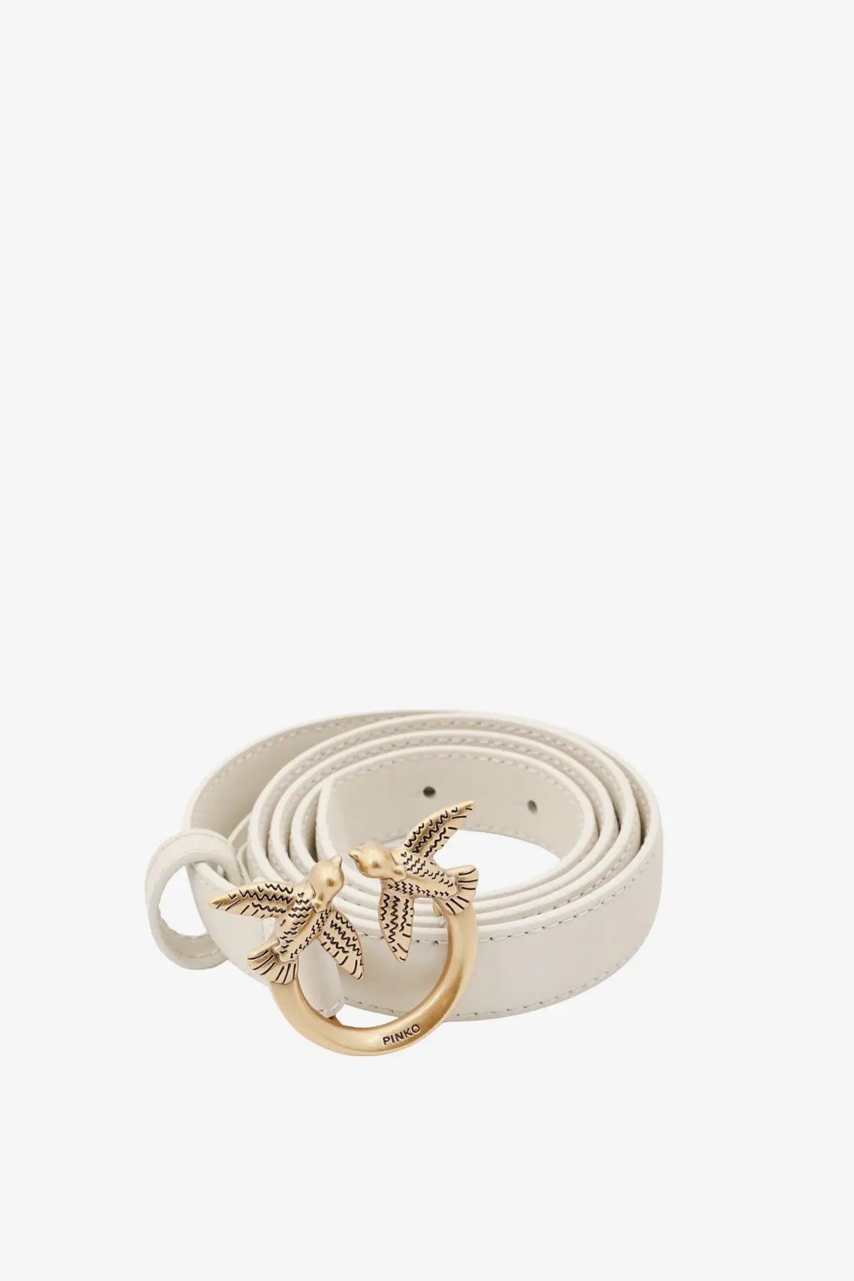 Pinko women’s berry white leather belt with gold-tone buckle featuring two detailed bird designs