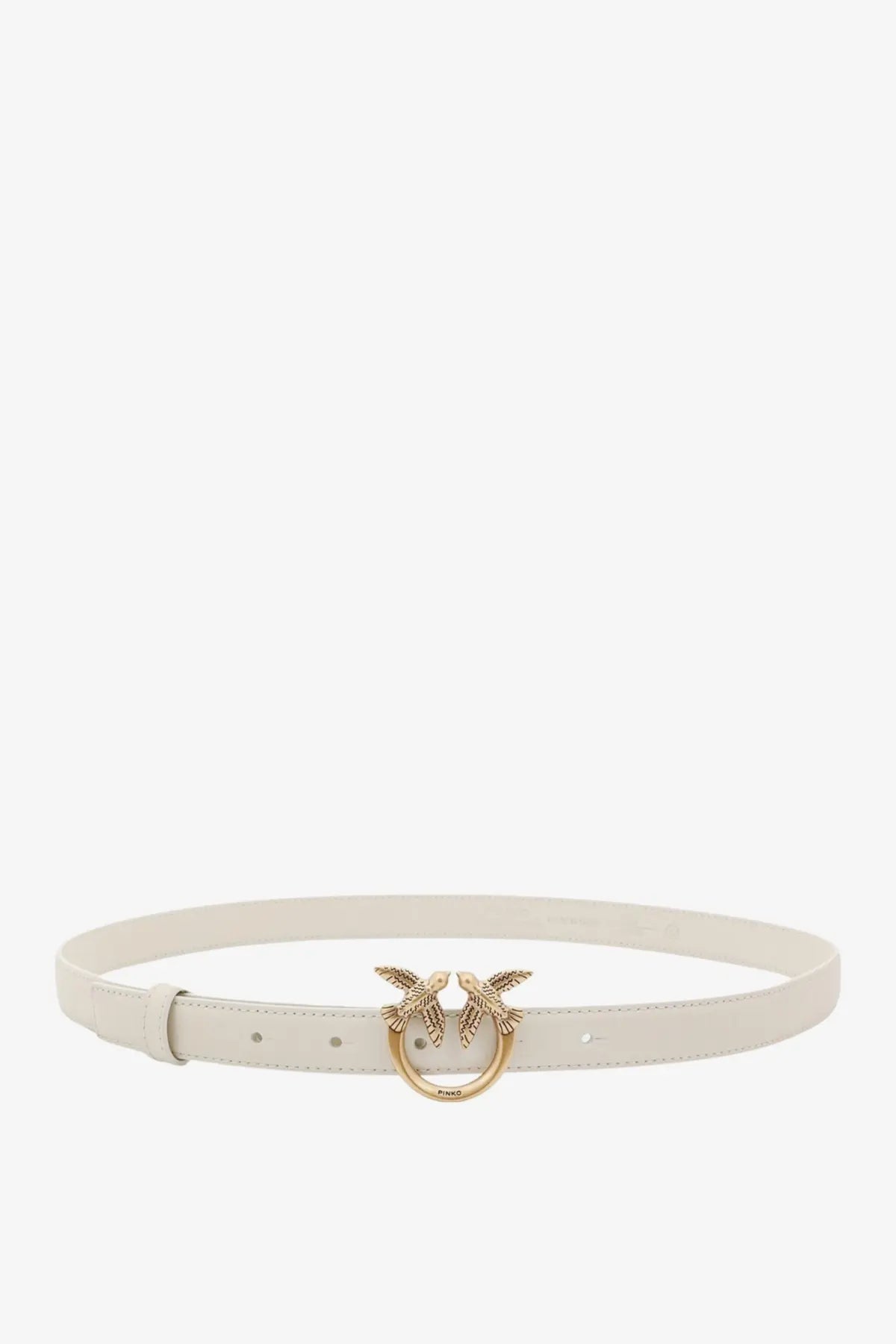 Pinko women’s berry white leather belt with sleek design and gold-toned bird buckle featuring feather detailing