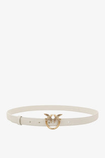 Pinko women’s berry white leather belt with sleek design and gold-toned bird buckle featuring feather detailing