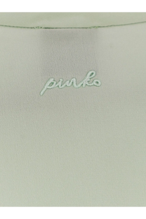 Light green satin fabric with pinko embroidered in matching thread on the back of pinko women’s blossom silk shirt green