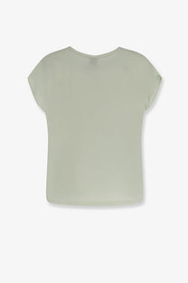 Pinko women’s blossom silk shirt in soft sage green with short sleeves, relaxed fit, and rounded neckline