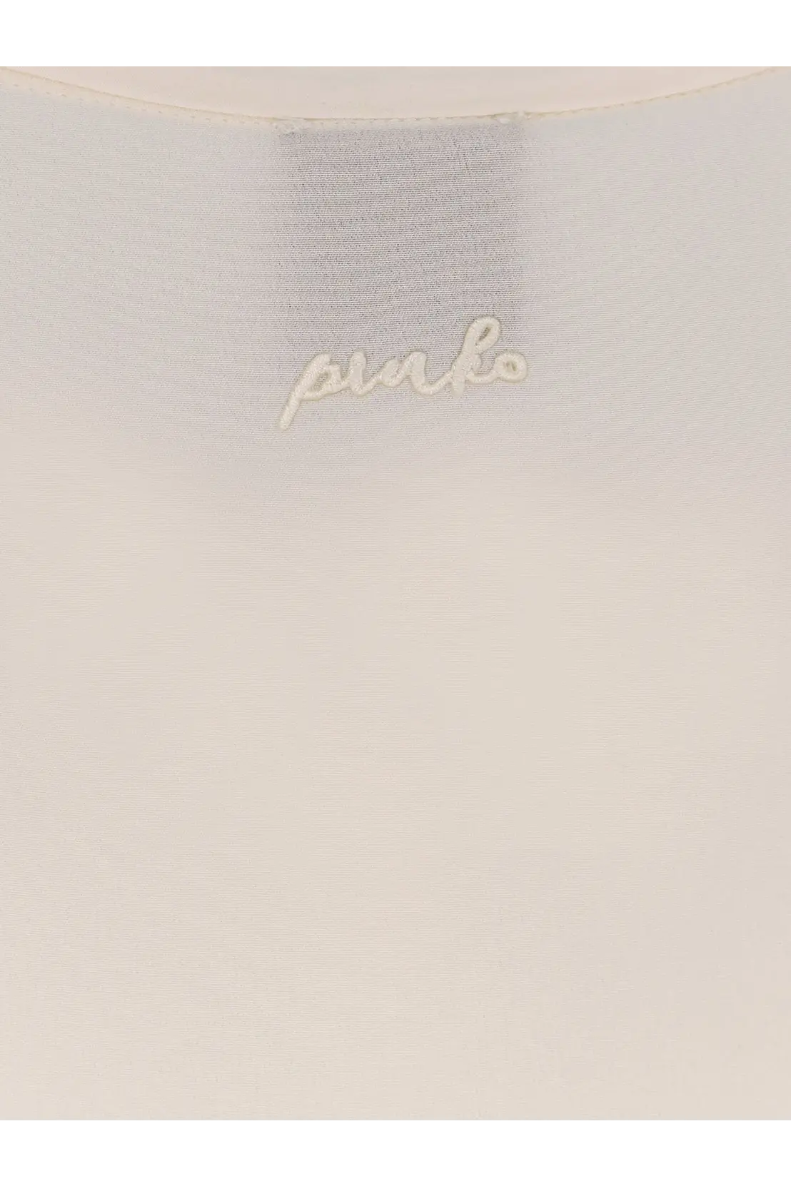 Delicate cream-colored sheer fabric with subtle embroidered paula logo on pinko women’s blossom silk shirt white
