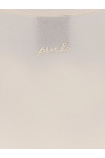 Delicate cream-colored sheer fabric with subtle embroidered paula logo on pinko women’s blossom silk shirt white
