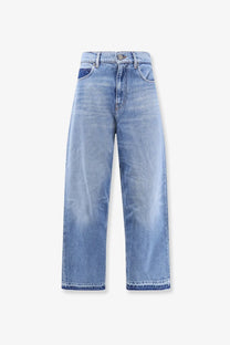 Pinko women’s blue denim jeans with high-rise wide-leg cut and subtle fading for a relaxed modern look