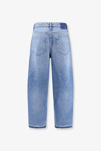 Pinko women’s blue denim jeans bronze in light-wash with a relaxed wide-leg cut and subtle fading for a modern look