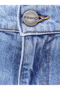 A silver circular Pinko button engraved on light blue denim fabric of Pinko women’s blue denim jeans bronze