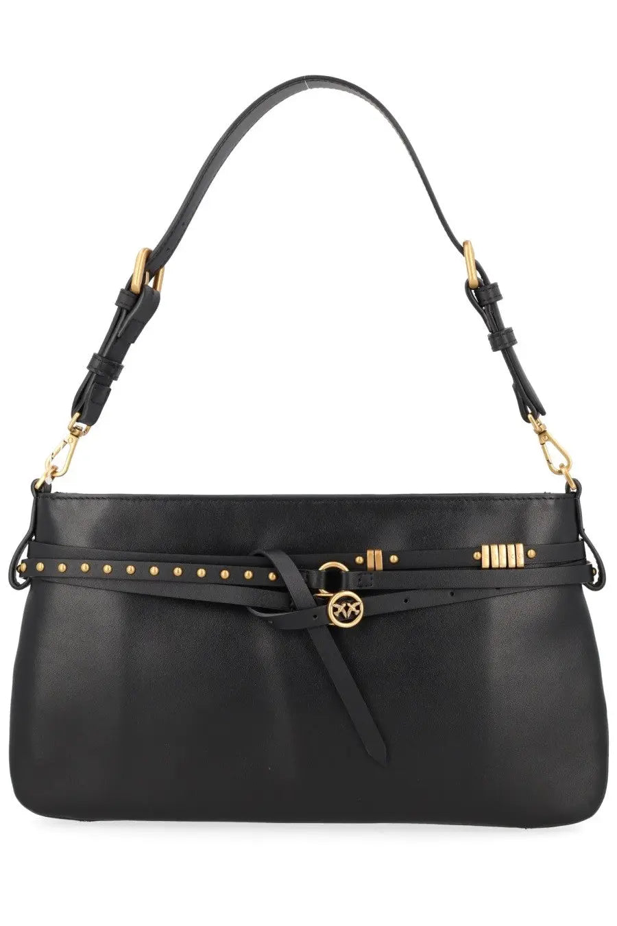 Pinko women’s borsa belt medium black leather handbag with gold-tone hardware and studded belt detail