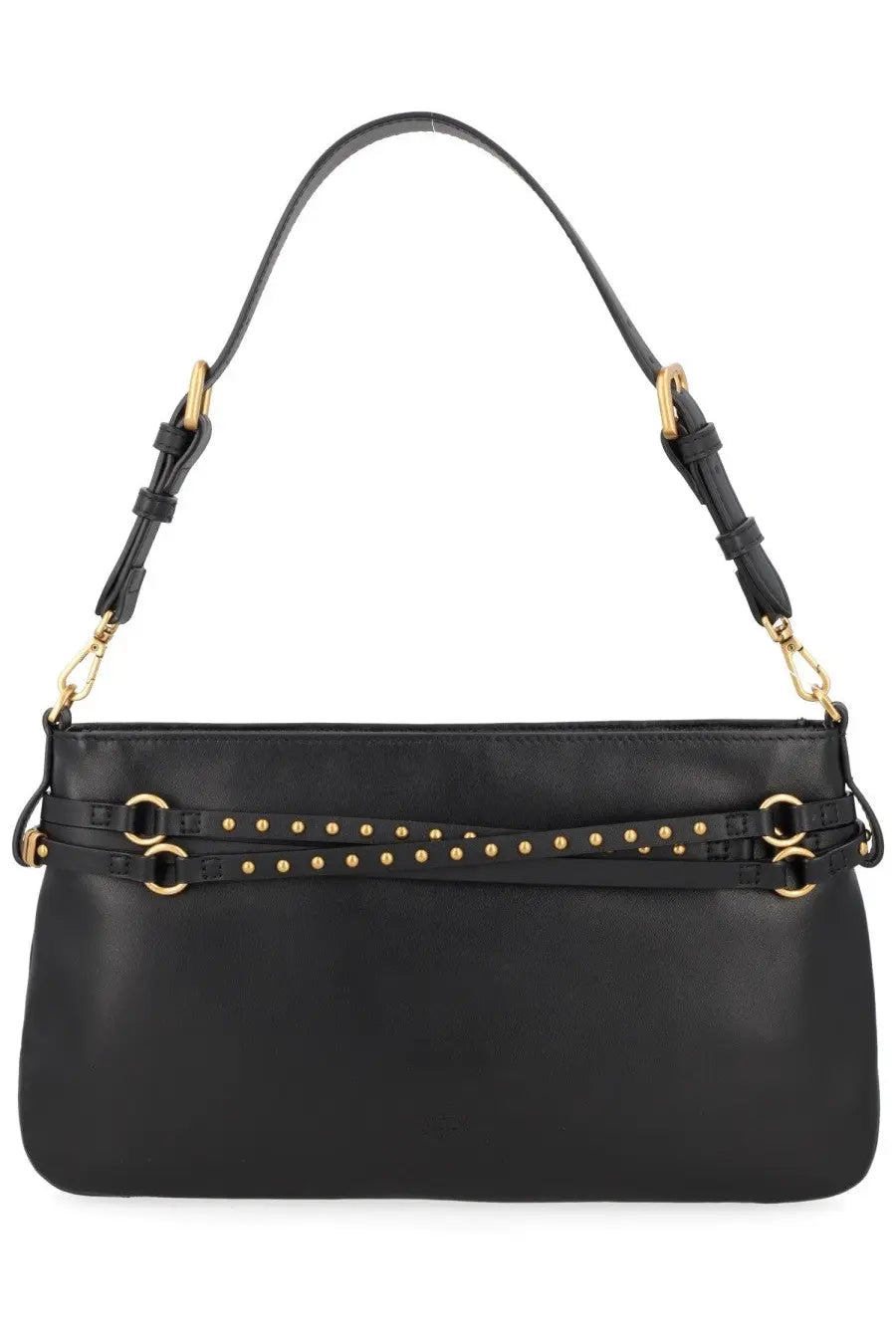 Pinko women’s borsa belt medium black leather shoulder bag with gold-tone studs and hardware