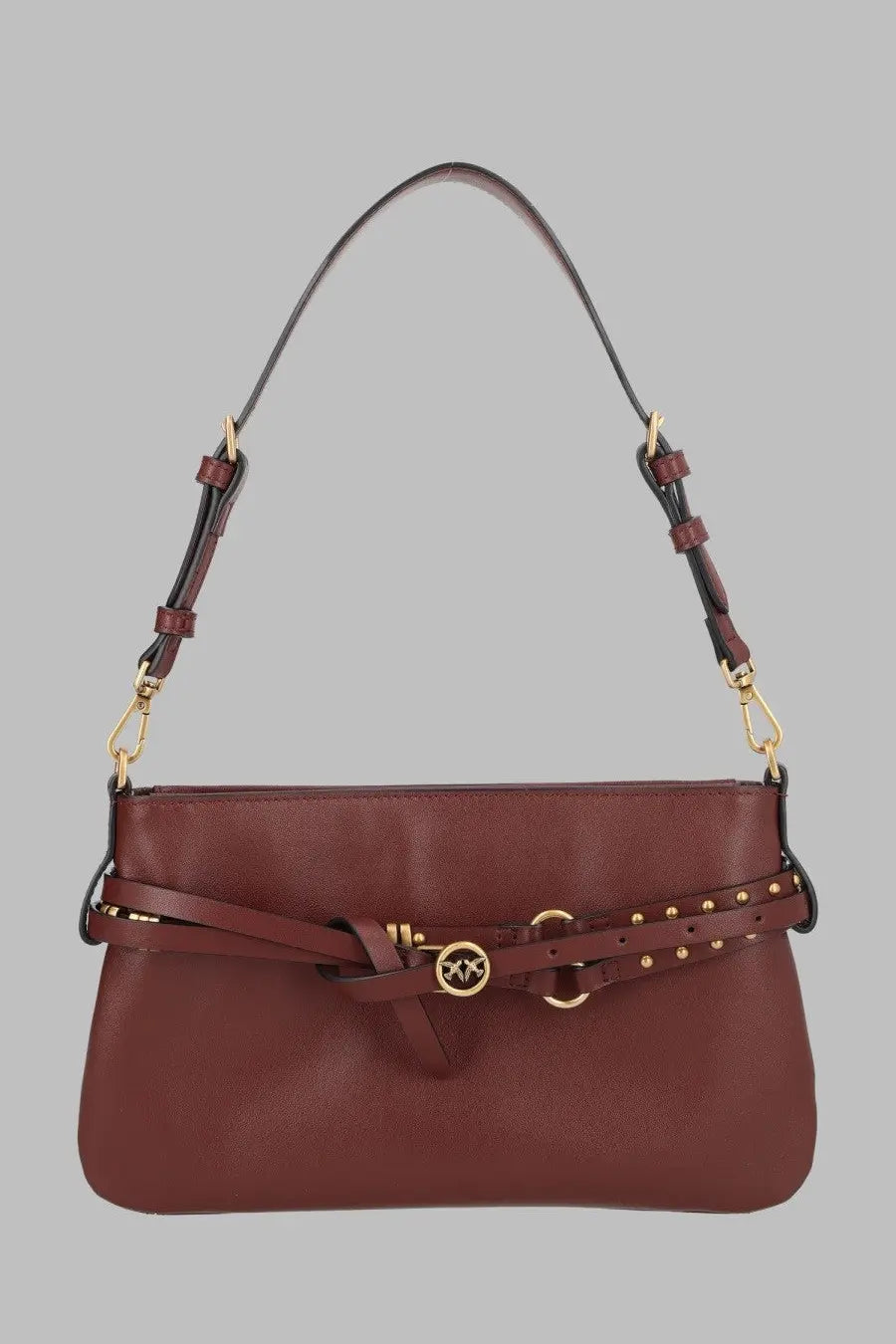 Pinko women’s borsa belt mini brown burgundy leather handbag with gold-tone logo clasp and studded belt detail