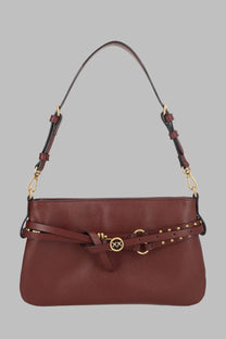 Pinko women’s borsa belt mini brown burgundy leather handbag with gold-tone logo clasp and studded belt detail