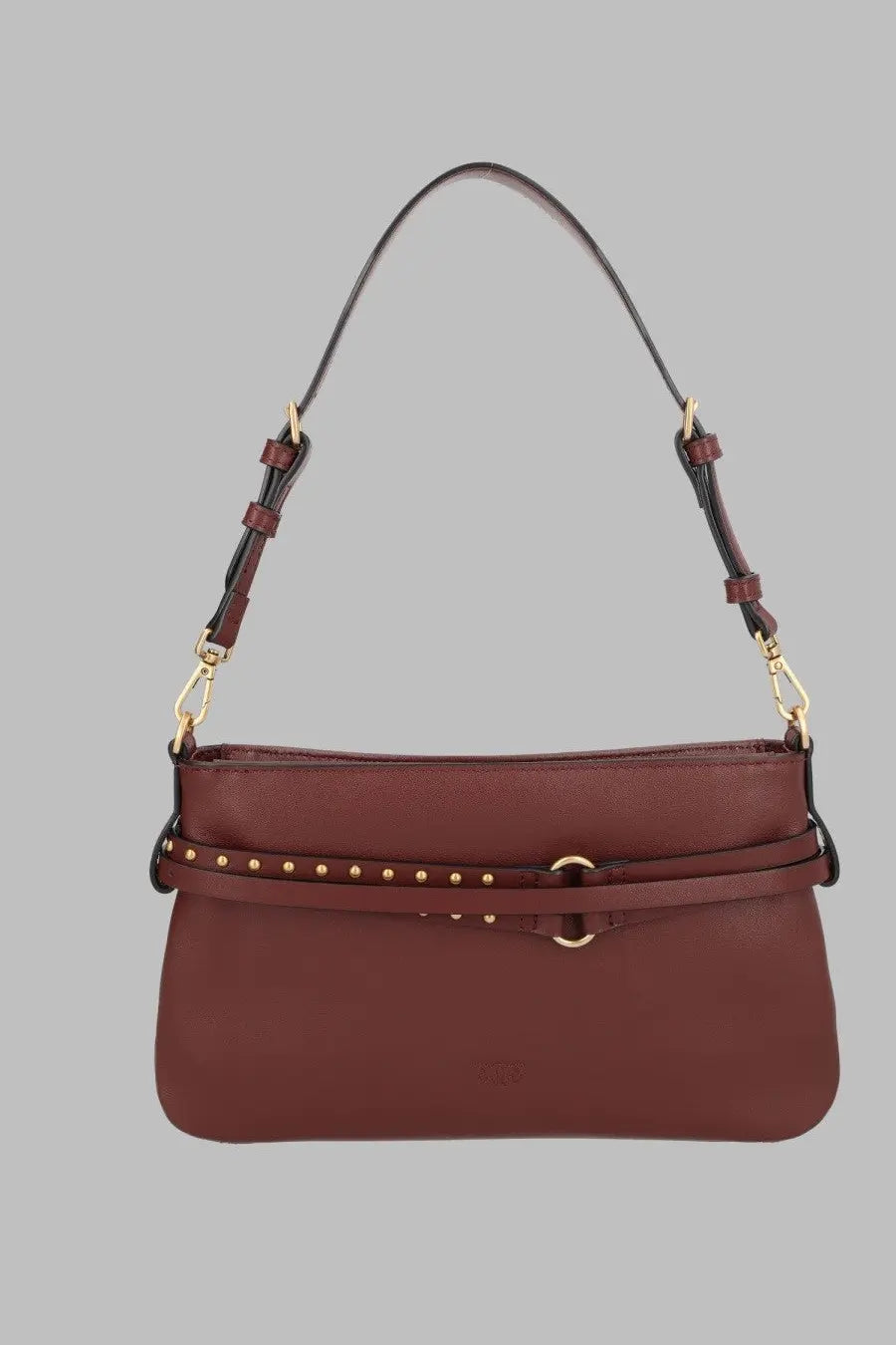 Pinko women’s borsa belt mini brown maroon leather shoulder bag with studded belt detail and gold tone hardware