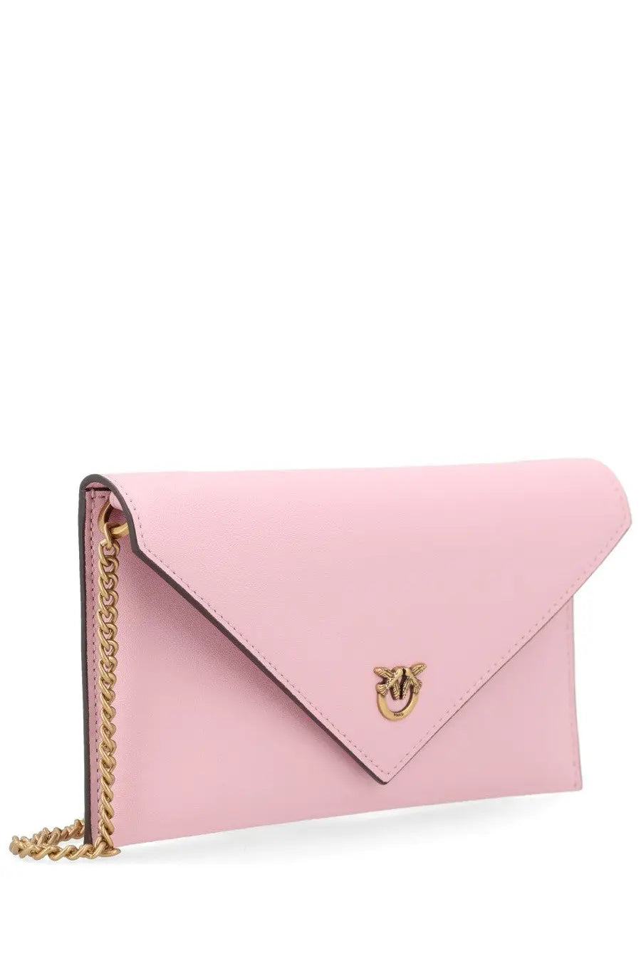 Pinko women’s borsa con small blue soft pink leather clutch with gold-tone chain strap and matching metallic clasp