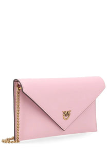 Pinko women’s borsa con small blue soft pink leather clutch with gold-tone chain strap and matching metallic clasp