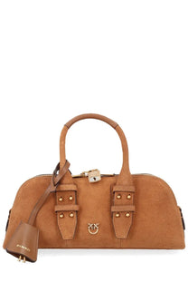Pinko women’s borsa escape bag small beige tan suede with gold-tone hardware and heart-shaped logo