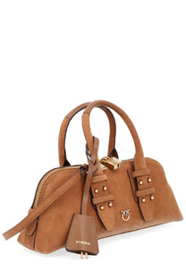 Pinko women’s borsa escape small beige tan suede handbag with gold-tone hardware and matching branded tag