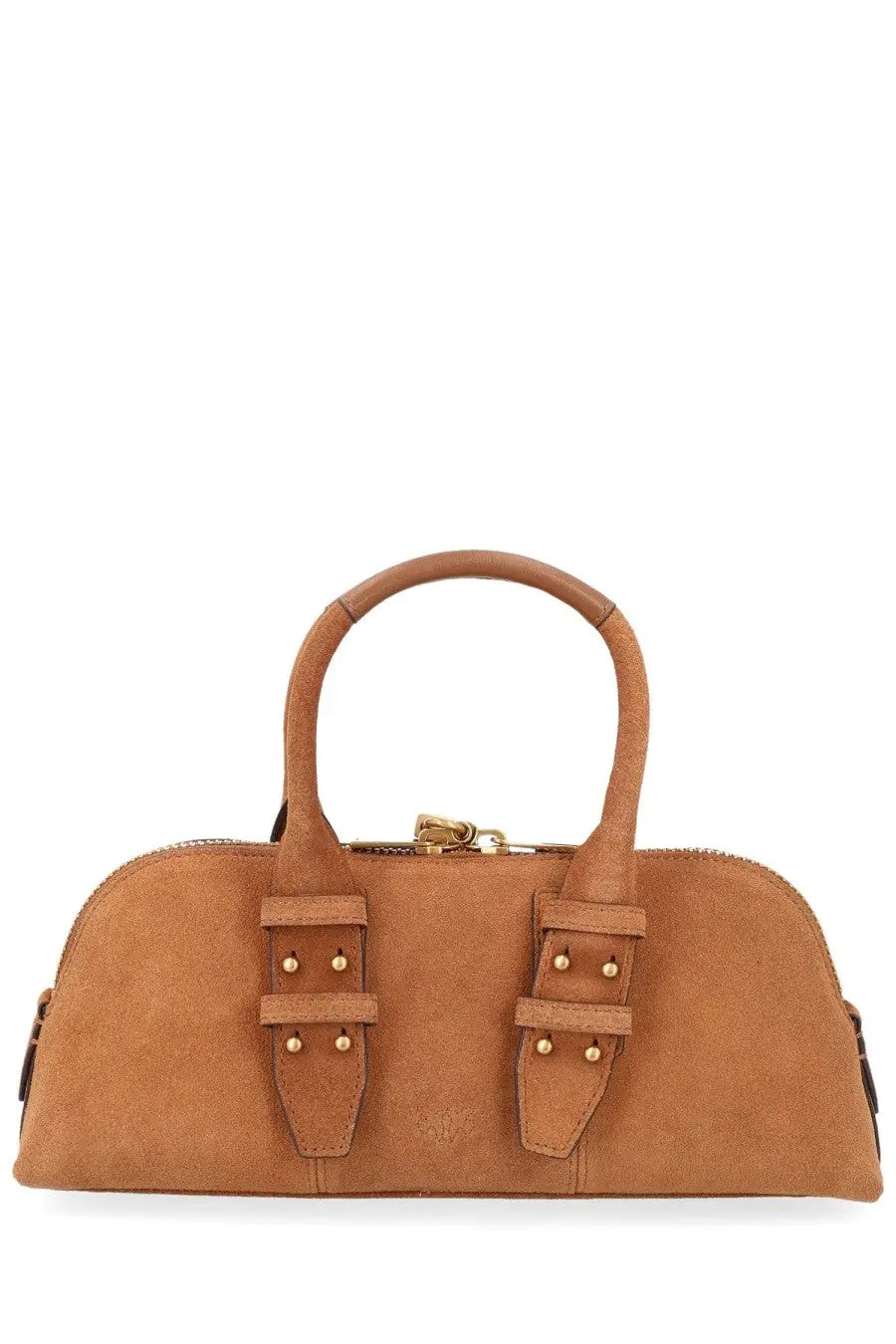Tan suede pinko women’s borsa escape bag small beige handbag with gold-tone hardware and dual top handles