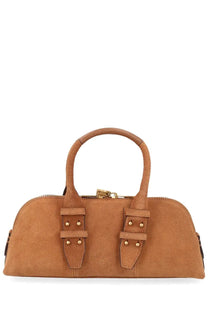 Tan suede pinko women’s borsa escape bag small beige handbag with gold-tone hardware and dual top handles