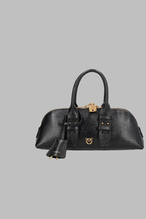 Pinko women’s borsa escape con black black pebbled leather handbag with gold-tone hardware and logo clasp
