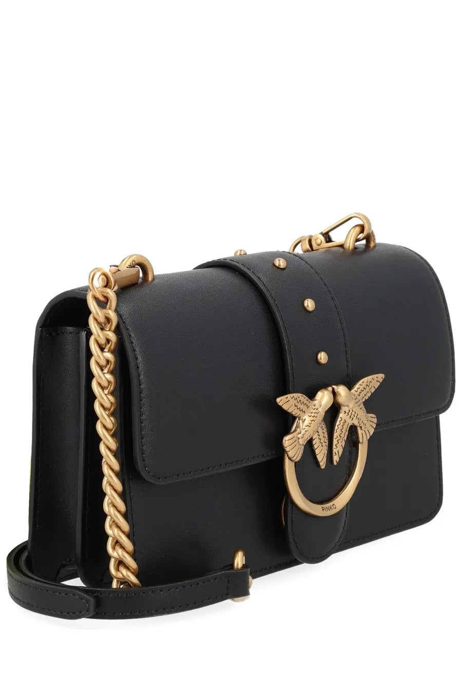 Pinko womens black leather crossbody bag with gold chain strap and bird-shaped clasp for everyday use