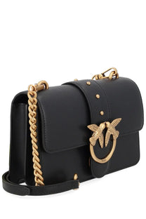 Pinko womens black leather crossbody bag with gold chain strap and bird-shaped clasp for everyday use
