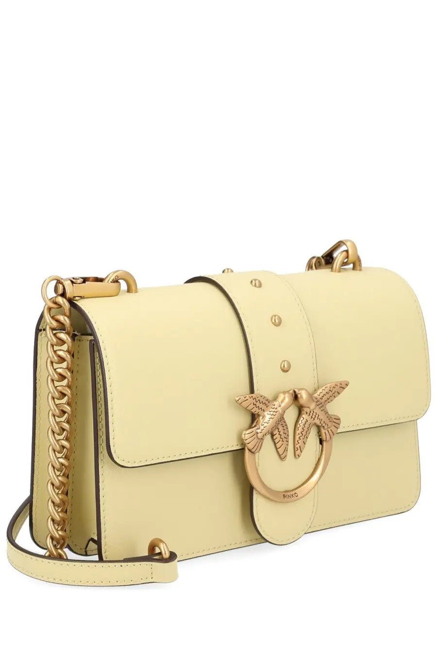 Pinko women’s borsa love bag one small yellow cream leather crossbody bag with gold-tone bird clasp and chain strap