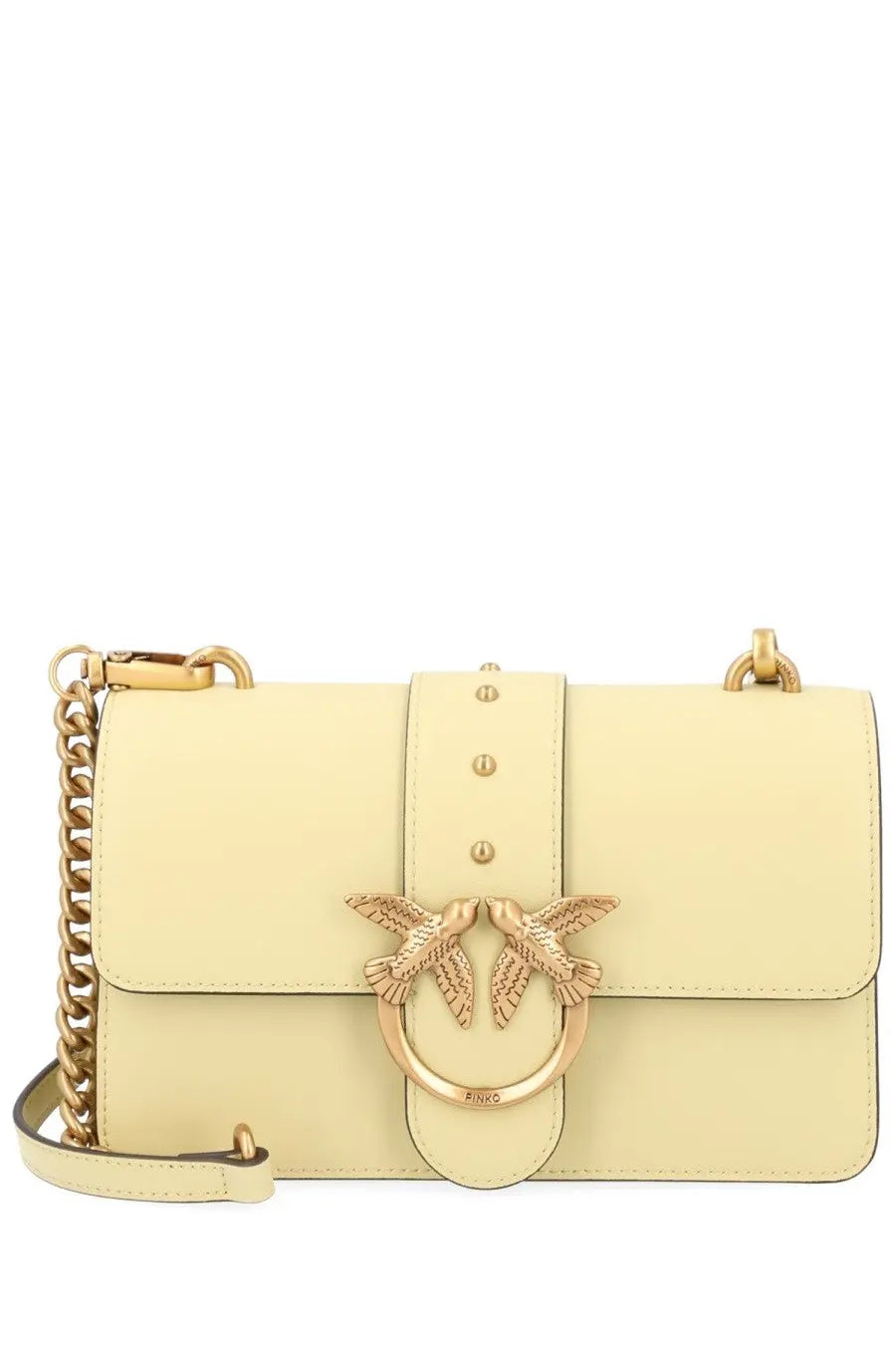 Pinko women’s cream leather crossbody bag with gold-tone bird clasp and chain strap in borsa love bag one small yellow