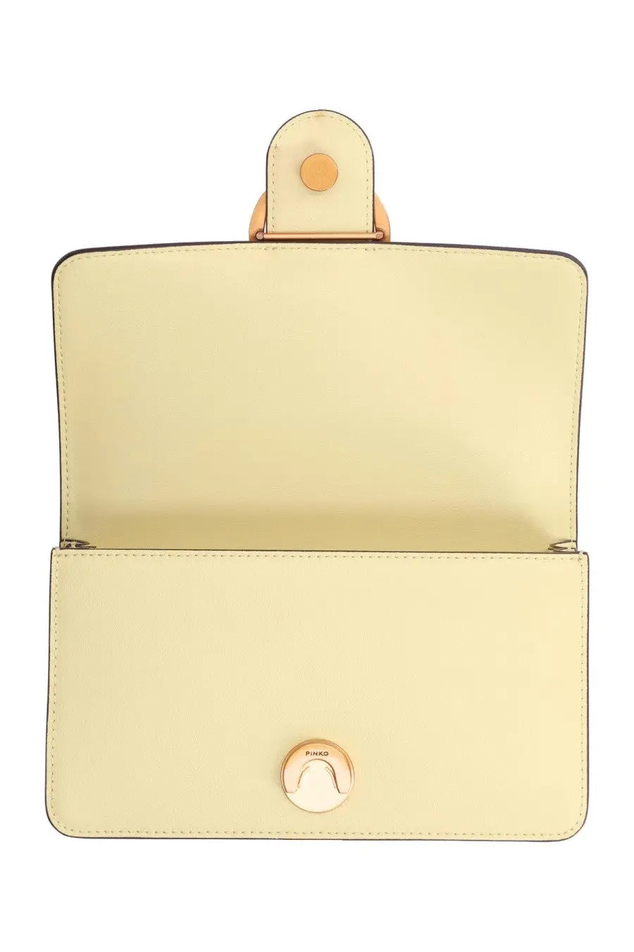 Pinko women’s borsa love bag one small yellow cream leather clutch with gold tone circular clasp and matching top handle