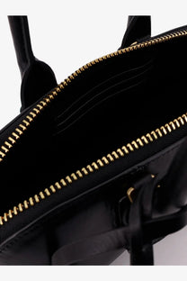 Pinko women’s bowling escape black leather handbag with gold-tone zipper and structured interior compartments