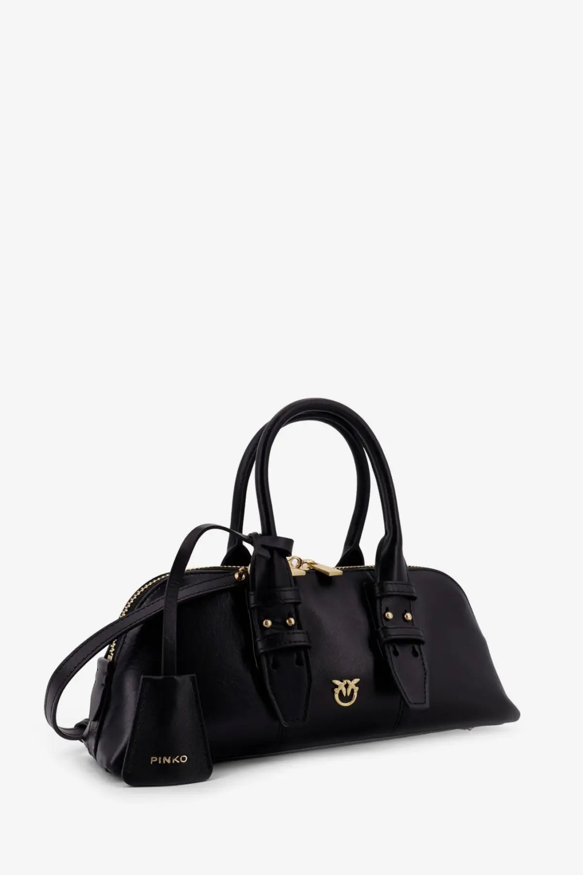 Pinko womens bowling escape bag black leather handbag with gold-tone hardware and distinctive logo on front