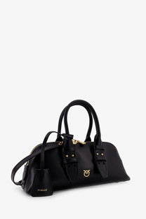 Pinko womens bowling escape bag black leather handbag with gold-tone hardware and distinctive logo on front