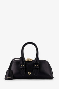 Pinko women’s bowling escape black leather handbag with gold-tone hardware and matching bell-shaped charm