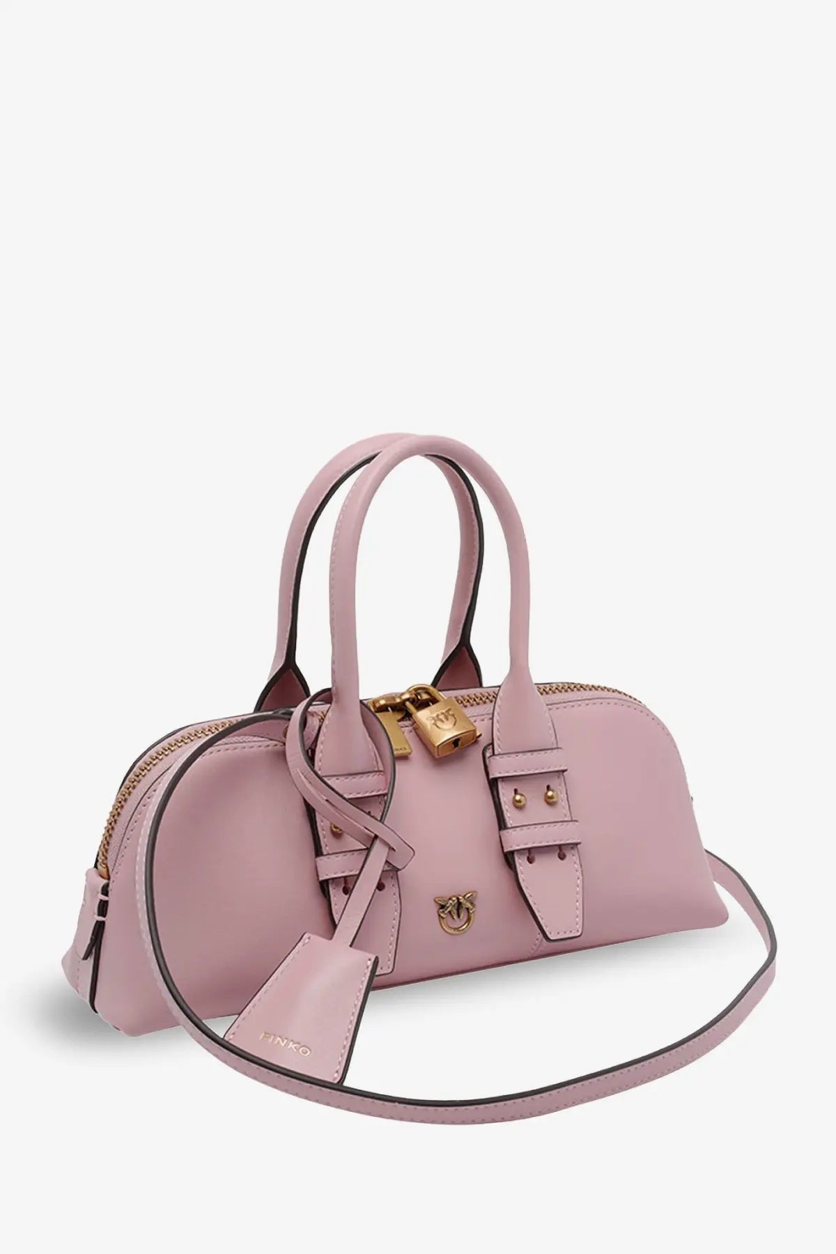 Pinko women’s bowling escape leather handbag in soft pink with gold-tone hardware and detachable shoulder strap