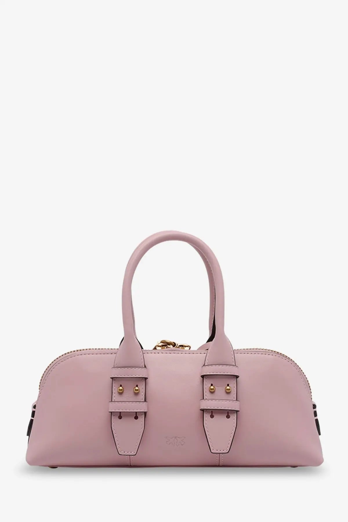 Pinko women’s bowling escape leather handbag in soft pink with gold hardware and two front flap closures