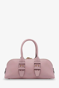 Pinko women’s bowling escape leather handbag in soft pink with gold hardware and two front flap closures
