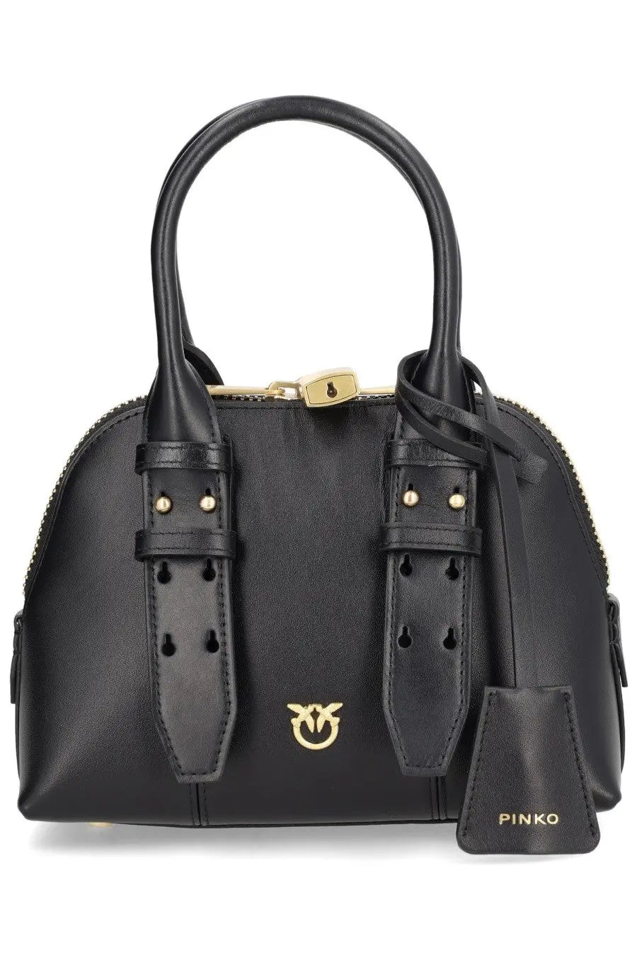 Pinko women’s bowling mini escape bag in black leather with gold-tone hardware, structured handles, and detachable strap