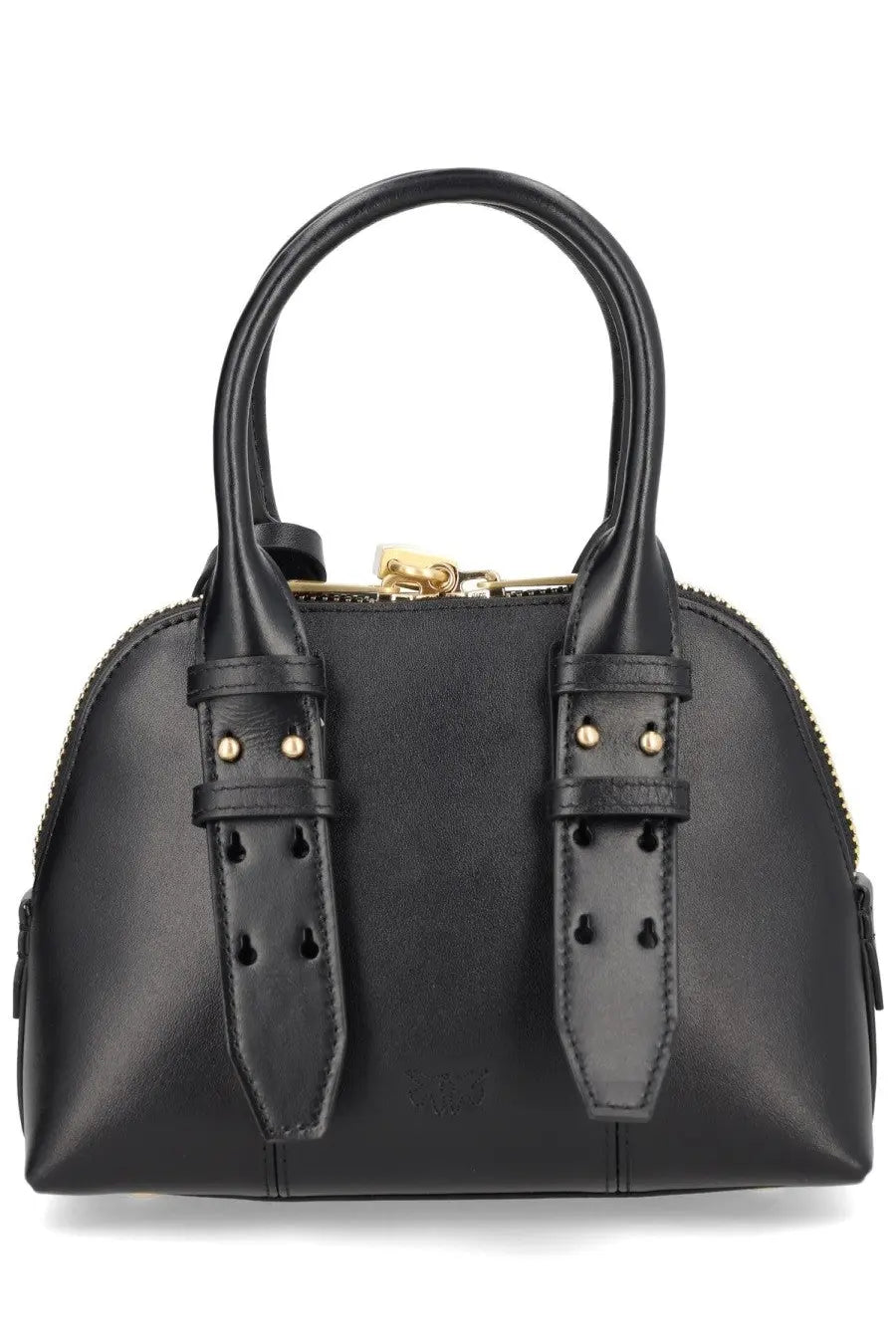 Pinko women’s bowling mini escape bag black leather with gold-tone hardware and distinctive strap details