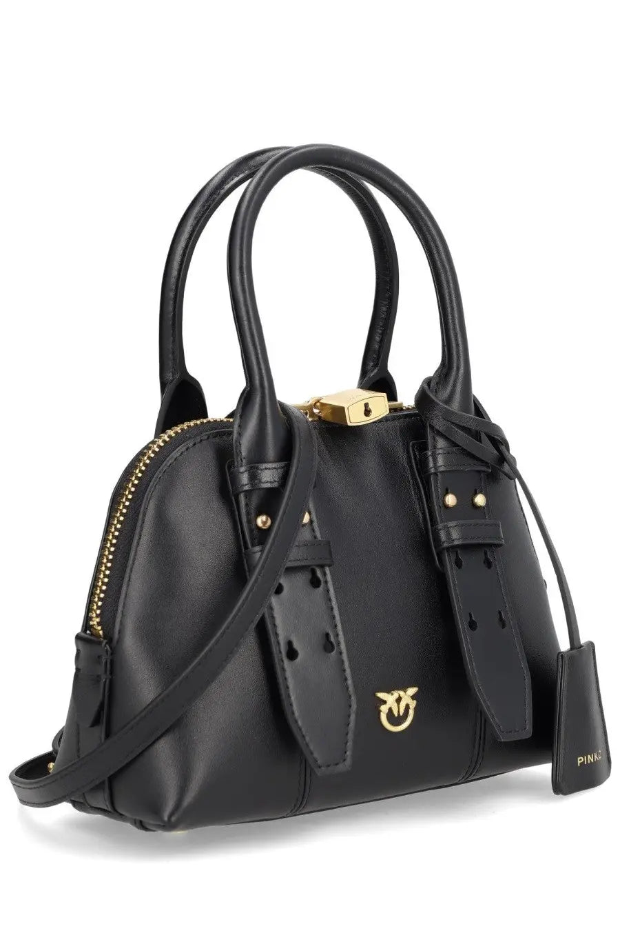 Pinko women’s bowling mini escape bag black leather handbag with gold-tone hardware and distinctive bird logo