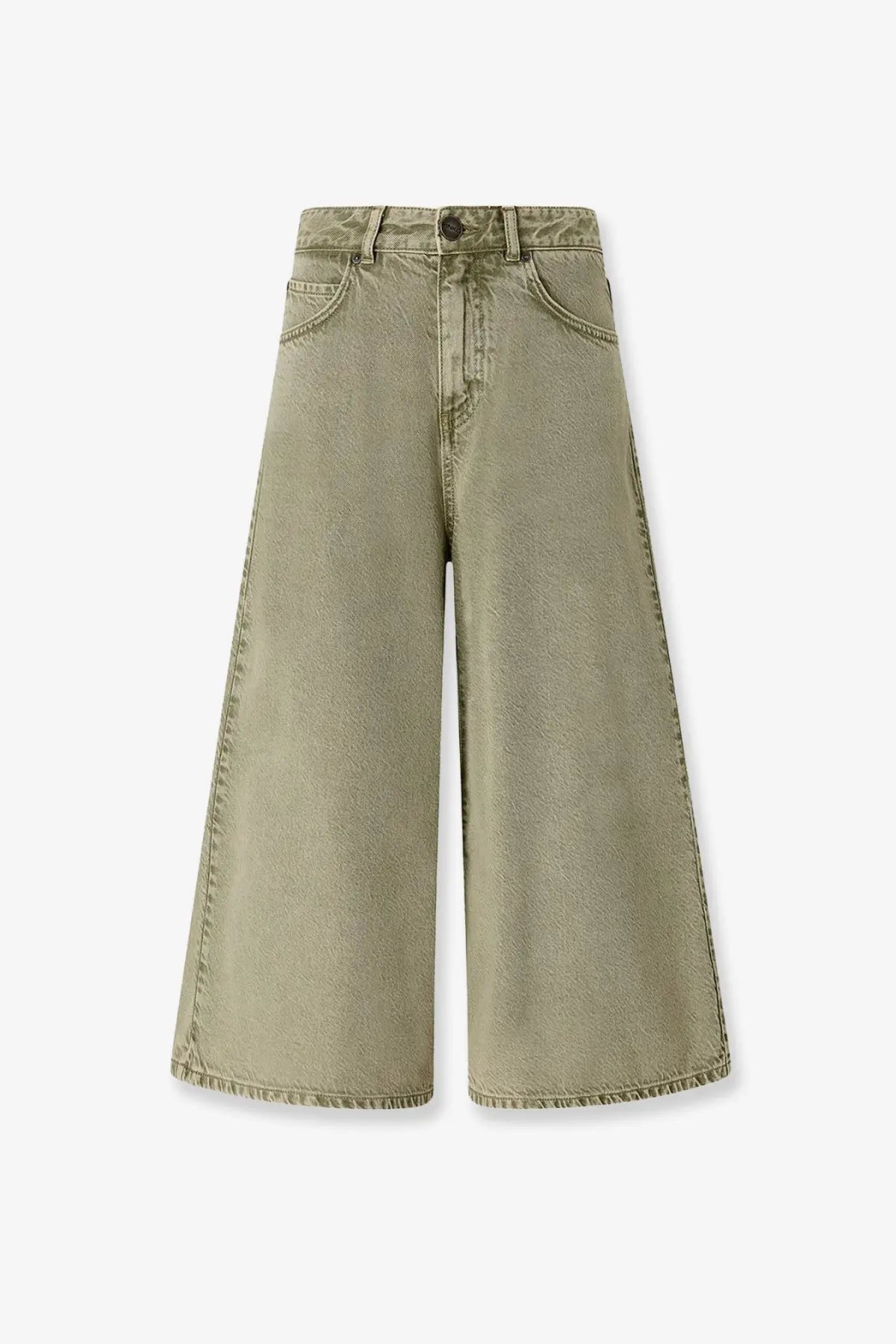 Pinko women’s burkina denim bermuda shorts green olive wide-leg high waist five-pocket denim shorts front view