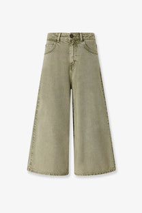 Pinko women’s burkina denim bermuda shorts green olive wide-leg high waist five-pocket denim shorts front view