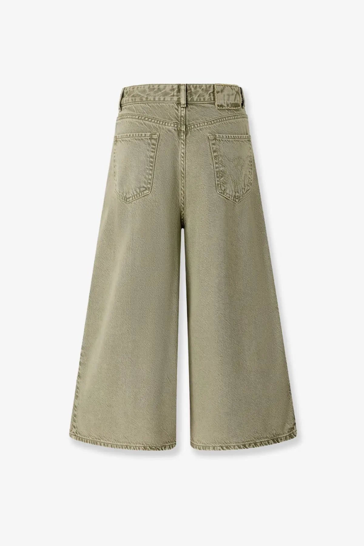 Olive green wide-leg denim trousers with high waist and classic back pockets shown from the back side