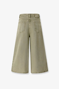 Olive green wide-leg denim trousers with high waist and classic back pockets shown from the back side