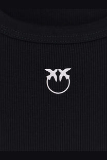 Pinko women’s black ribbed cotton tank top with silver metallic birds logo forming a smiley face