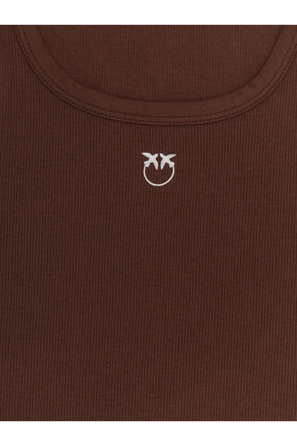 Pinko women’s calcolatore brown ribbed cotton tank top with silver logo embroidered at neckline center