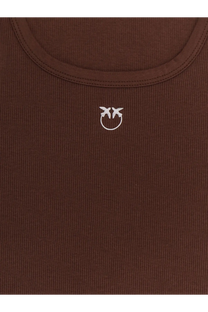 Pinko women’s calcolatore brown ribbed cotton tank top with silver logo embroidered at neckline center